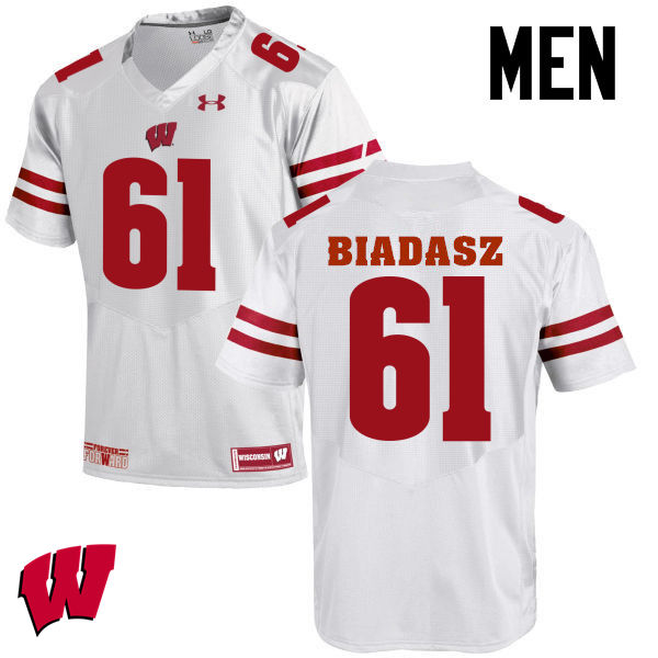Men Wisconsin Badgers #61 Tyler Biadasz College Football Jerseys-White - Click Image to Close